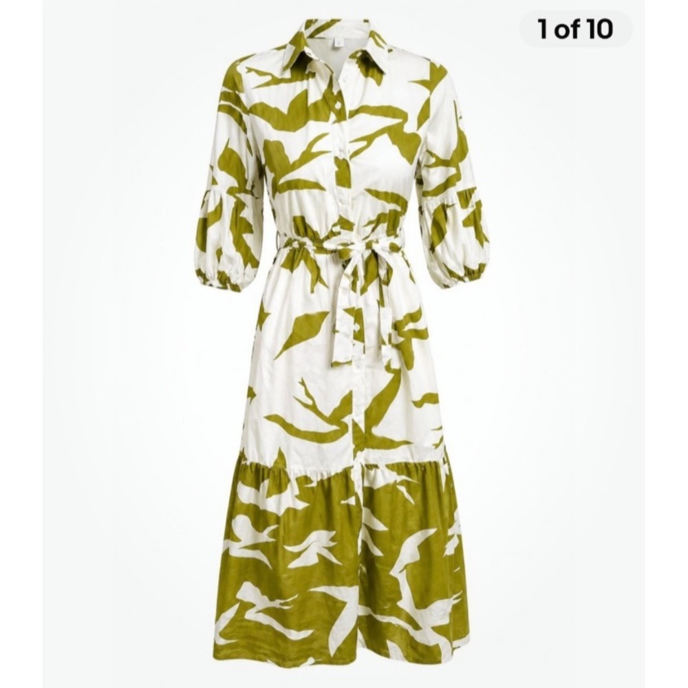 NAOO NWT Shirt Dress Abstract Leaf Pattern Midi Belted Sz M Resort Party Brunch